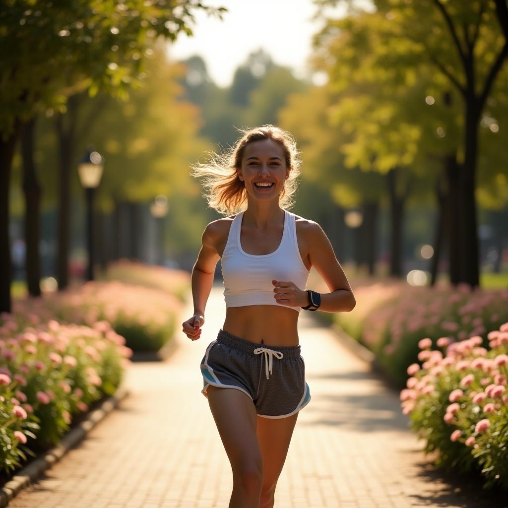 A woman jogs happily through a park. The park is lined with flowers and is bathed in sunlight. She wears athletic clothing and looks energized. The path is clear and inviting.