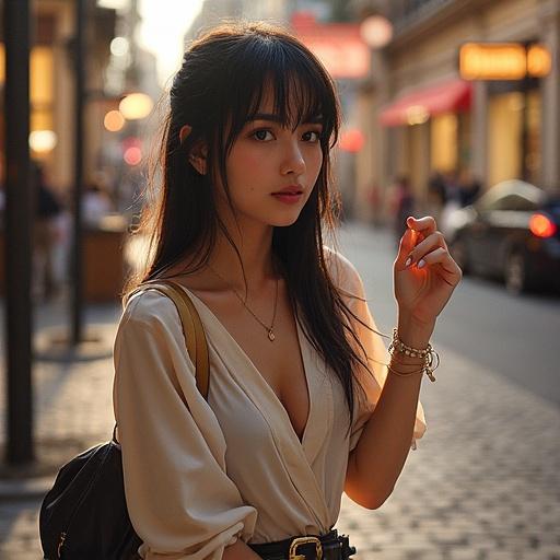 Cosplay atmosphere. Female model with blond hair in a city at night. Warm lighting and street background.