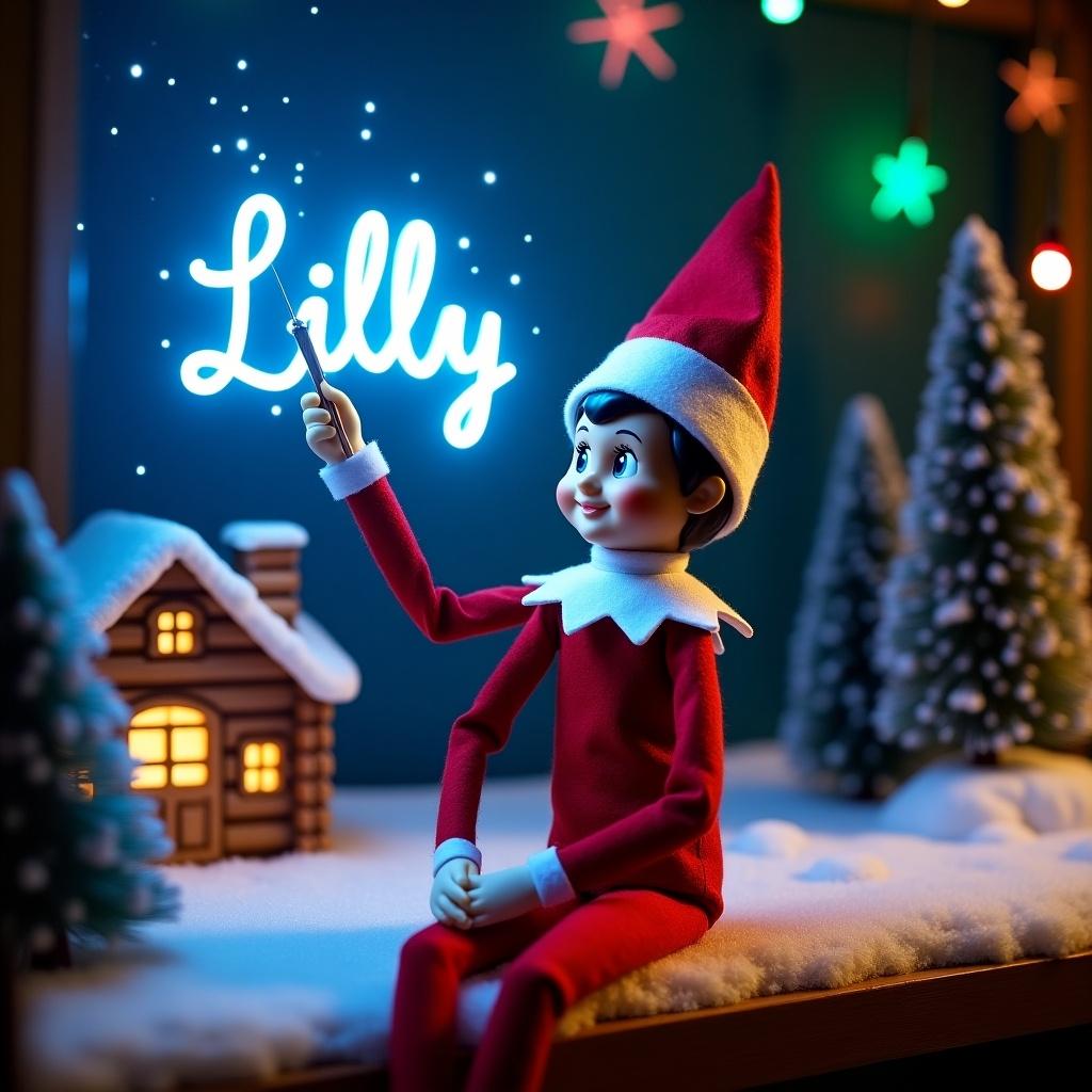 An enchanting Christmas scene featuring an elf on the shelf. The elf is dressed in a classic red and white outfit and is wielding a magic wand to write 'Lilly' in a shimmering blue script above him. The backdrop is alive with vibrant northern lights, casting an otherworldly glow on the scene. Surrounding the elf is a snowy landscape complete with a charming log cabin, which adds to the holiday spirit. The scenery captures the whimsical essence of Christmas, giving viewers a sense of wonder and excitement that embodies the joy of the season.