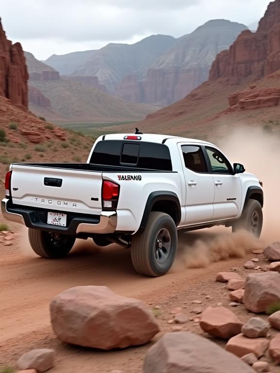 Photograph of a white Toyota Tacoma pickup truck driving on a rocky dirt road in a mountainous desert landscape. Dust flies up from the tires. Mountains in the background have reddish-brown and gray tones. Overcast lighting. Truck has a '4X4' decal on the rear window. Rugged terrain with large rocks scattered. Truck is slightly angled to the right and in the center of the frame. Mid-motion capture shows adventure and exploration.