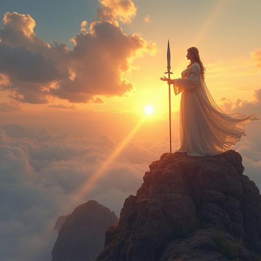 A divine warrior stands on a mountain at dawn. The warrior has ornate armor and open hands towards the sky. A ray of sunlight descends, forming a pure sword of light. The armor reflects dawn colors and star fragments symbolizing strength from a divine source.