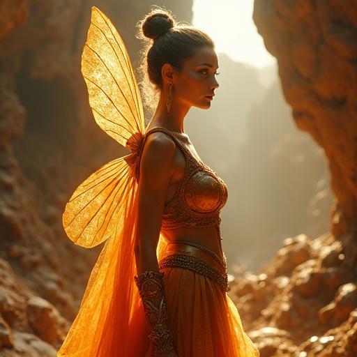 A beautiful woman with a human face and glowing skin stands in a royal palace. She has shimmering chitin armor on arms and legs and delicate wings. The palace is made of earth and crystals. The atmosphere is high fantasy with realistic textures and ambient light.