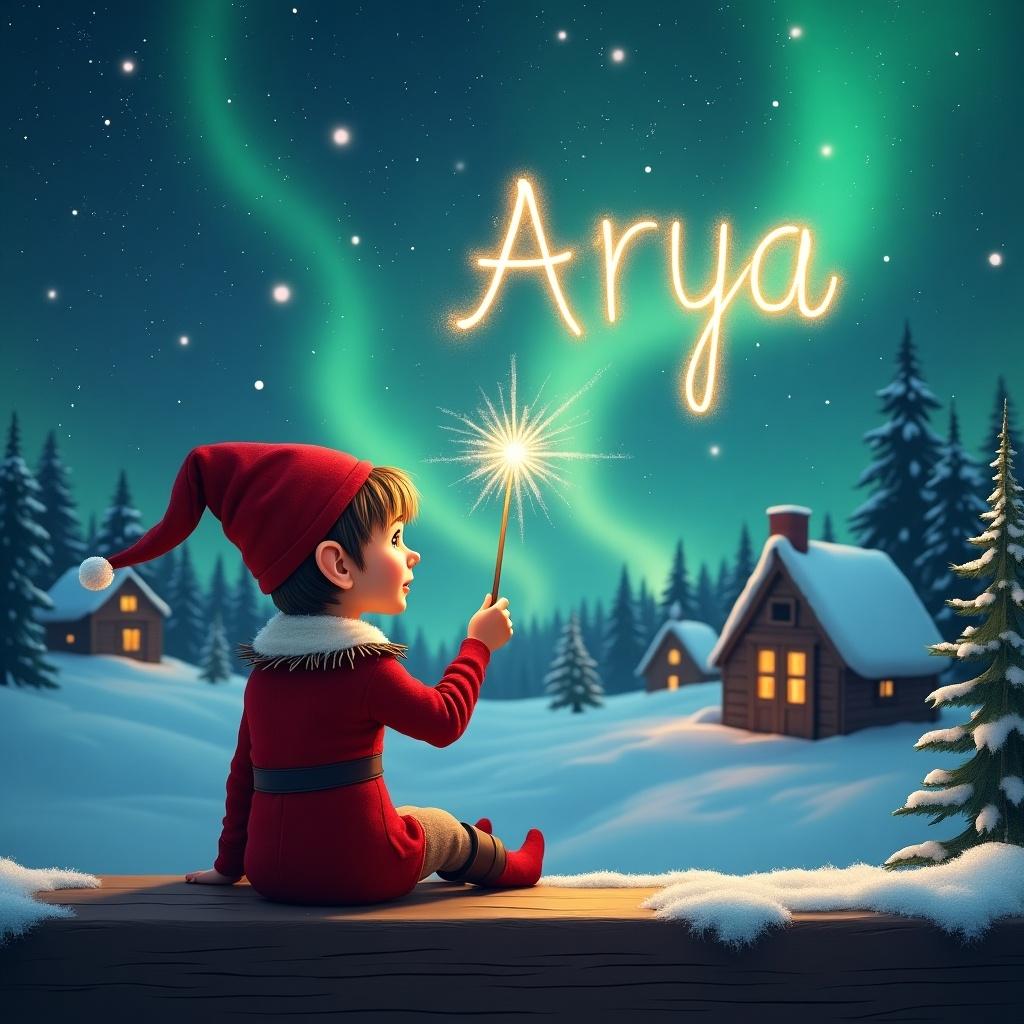 An elf sits on a wooden ledge with its back to the camera. The elf gazes at a magical sky. The elf is dressed in a red outfit with a pointed hat. The elf holds a sparkling wand. The elf writes the name Arya in the starry sky. The background features a snowy landscape with charming houses and evergreen trees. The scene captures childhood magic and Christmas cheer.