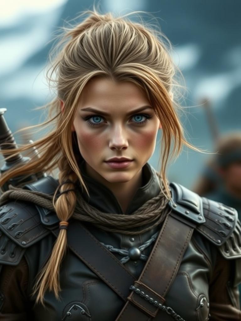 A fierce female warrior with braided hair and intense blue eyes, wearing intricate leather armor, stands against a blurred mountainous background. She exudes strength and determination.