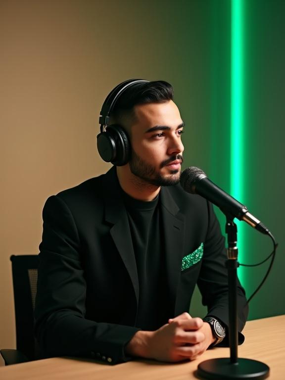 Vertical digital portrait of a male Arabic podcast host. He sits alone at a podcast desk in a stylish black outfit with emerald green details. The background has warm beige tones and subtle green lighting. He gazes thoughtfully to the side, wearing headphones and speaking into a professional microphone. Soft lighting creates a modern atmosphere. Vertical composition optimizes smartphone viewing.
