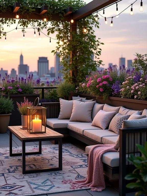 Stylish urban rooftop terrace at sunset with a city skyline. Cozy seating area with an outdoor sofa, coffee table, and candle lantern. String lights hang overhead under a wooden pergola. Flourishing plants and colorful flowers in planters around. Warm, inviting atmosphere with muted pastel palette.