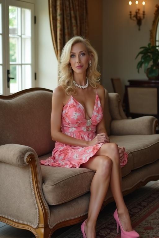 Elegant woman in a floral sundress. Her hair styled beautifully. She wears a pearl necklace and sits gracefully on a couch. The setting is an upscale parlor. Full length captured, including stylish pink stiletto pumps.