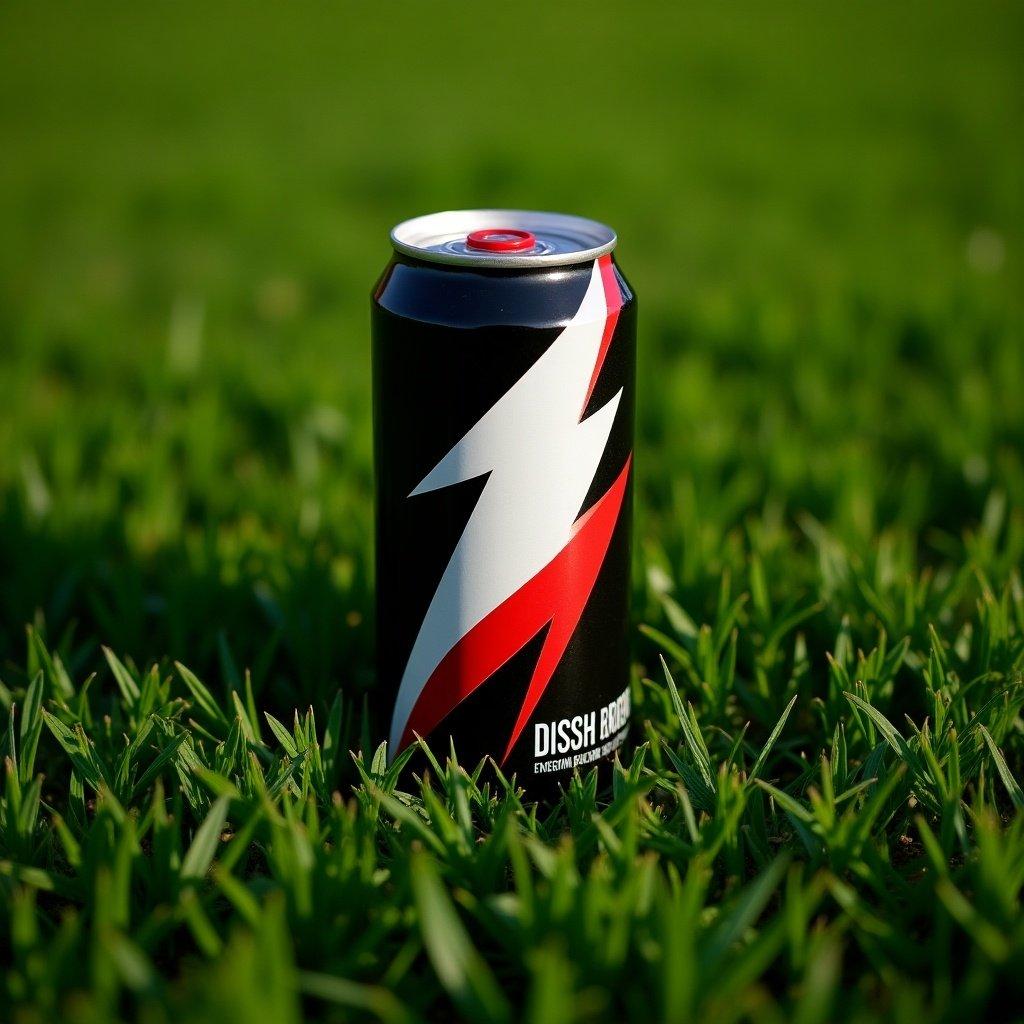 A can of energy drink labeled Dishatgard sits on green grass. The color scheme is black, white, and red. It contrasts with the green grass background, suggesting energy and refreshment.