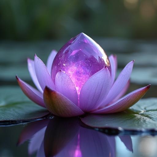 Purple crystal orb on lily pad at a lake surface. Orb appears to glow with a mystical light. The word 'agilly' is inscribed on the orb.