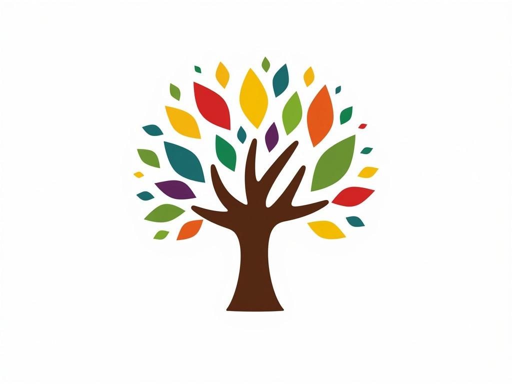 A colorful tree logo icon featuring a sturdy brown trunk and a wide canopy. The leaves are in various vibrant colors including green, yellow, orange, red, purple, and blue, arranged in an abundant and lively manner. The overall design is simple and clean, emphasizing the cheerful and joyous nature of the tree. The background should be white to enhance the brightness of the colors. The tree symbolizes growth and vitality, making it an ideal logo for ecological or nature-related businesses.