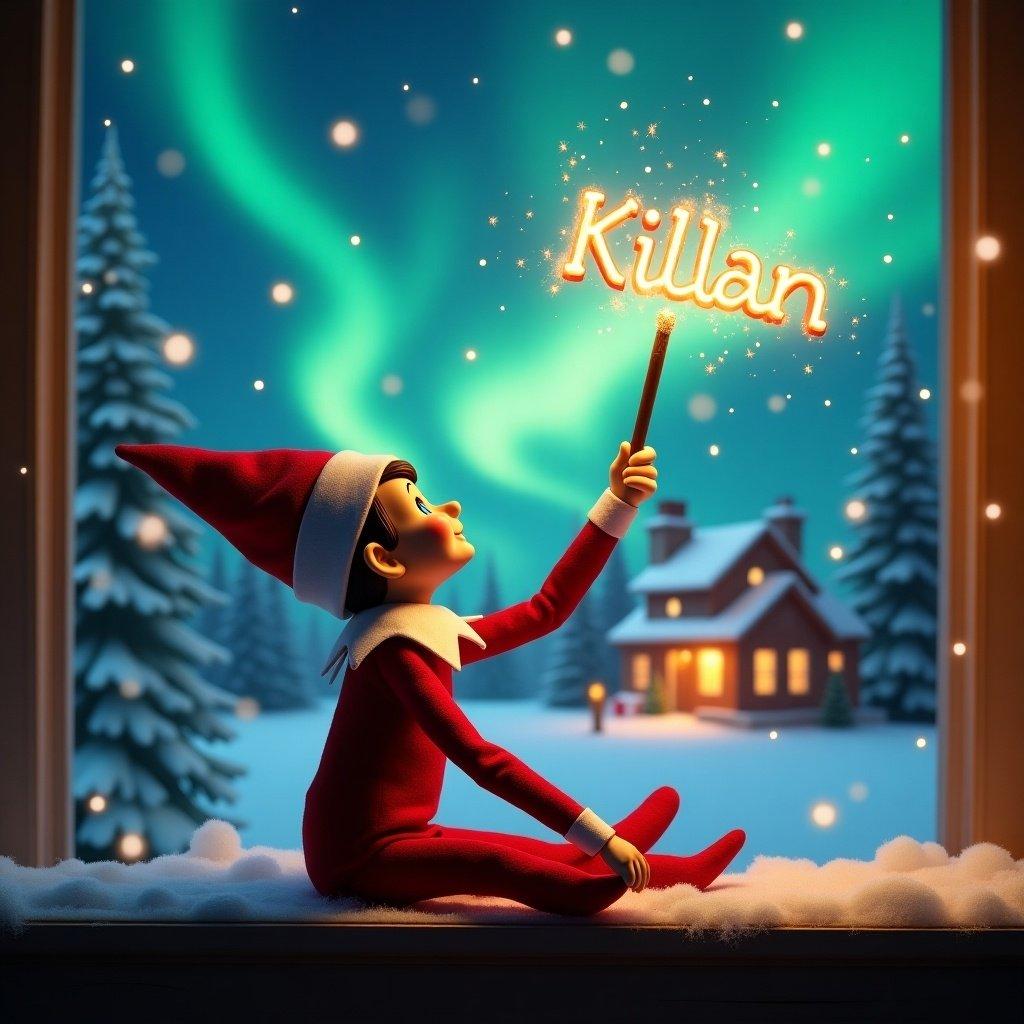 Elf on the shelf gazes skyward while sitting. It holds a glowing wand with sparkling light. Background is a Christmas scene featuring colorful northern lights. A cozy, decorated house appears in the distance with snow covering the ground. Elf embodies Christmas magic and wonder with the name 'Killian' written in the air.