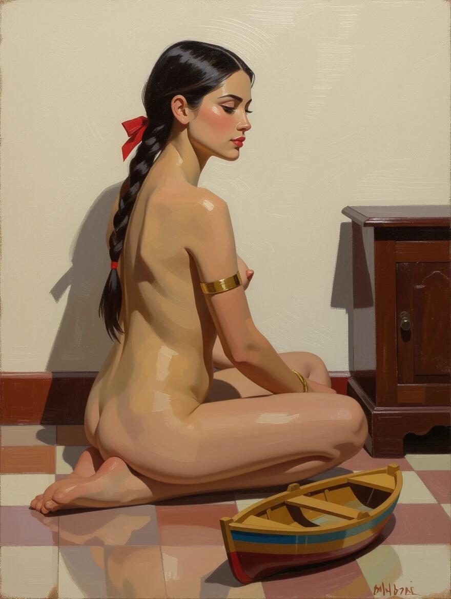 Oil painting of a nude young woman with light brown skin and long braided black hair. She sits on the floor, positioned slightly to the left, back to the viewer. A red ribbon is in her braid and a gold bracelet adorns her right wrist. A small wooden boat with colorful details is in front of her. To her right is a dark wooden cabinet with a yellow lamp and a statue of a cat. The background has two framed pictures on a blue wall. Soft natural lighting comes from the left, creating gentle shadows. The composition follows the rule of thirds and uses leading lines for visual interest.