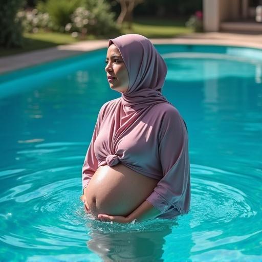 Pregnant woman in a hijab stands in a swimming pool. She is calmly holding her belly. The background is greenery and water. She smiles softly. The lighting is warm and inviting.