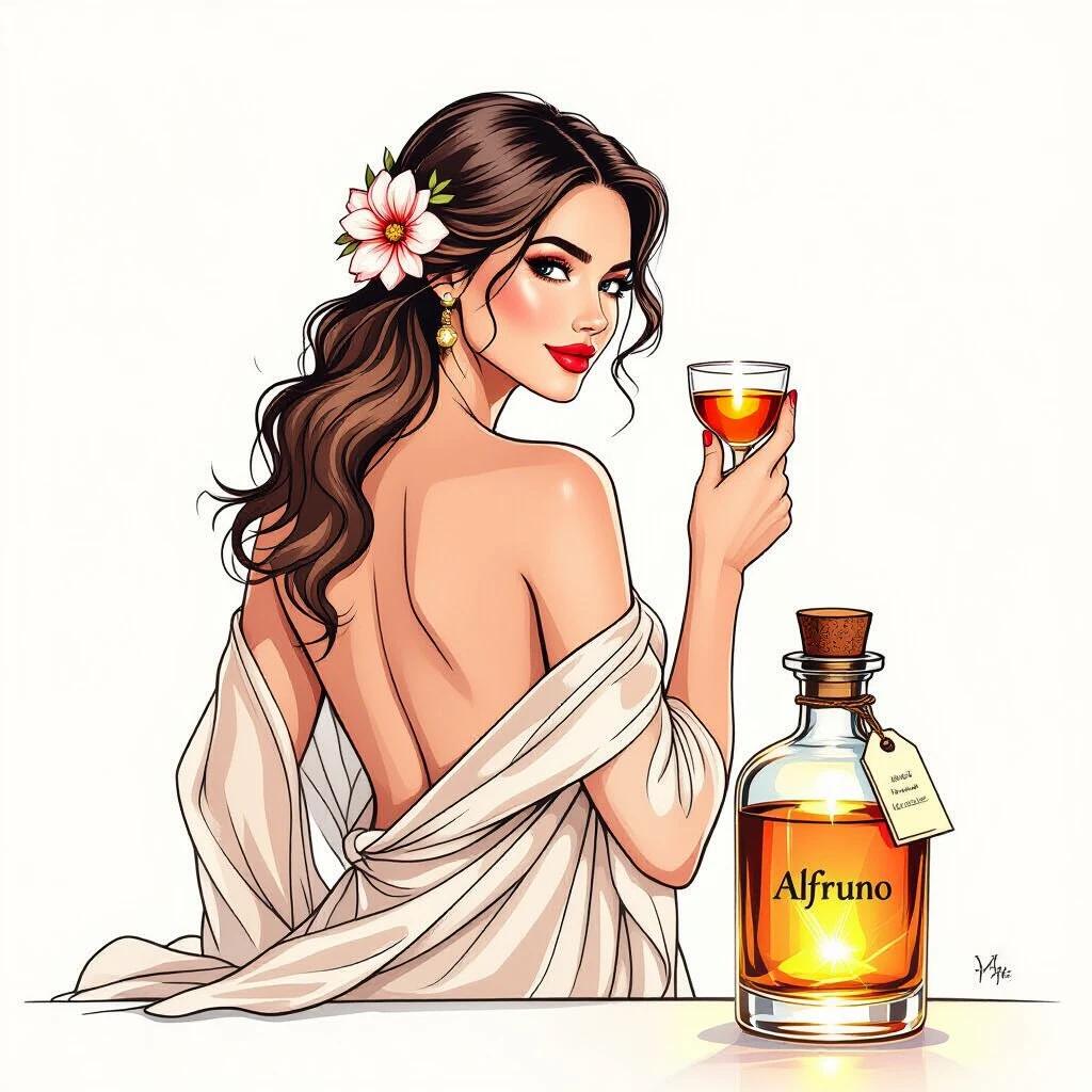 Highly detailed line art of a natural shirtless goddess in her thirties. She offers a toast with a cocktail glass. Light flowing silk wrap accentuates her curves. Flower behind her ear, golden-reddish lips. She looks over her shoulder. Minimalistic, white background. Apothecary bottle nearby with golden-reddish glow. Cork lid and elegant hang tag showing 'ALFRUNO'. Surrounding roses and green herbs.