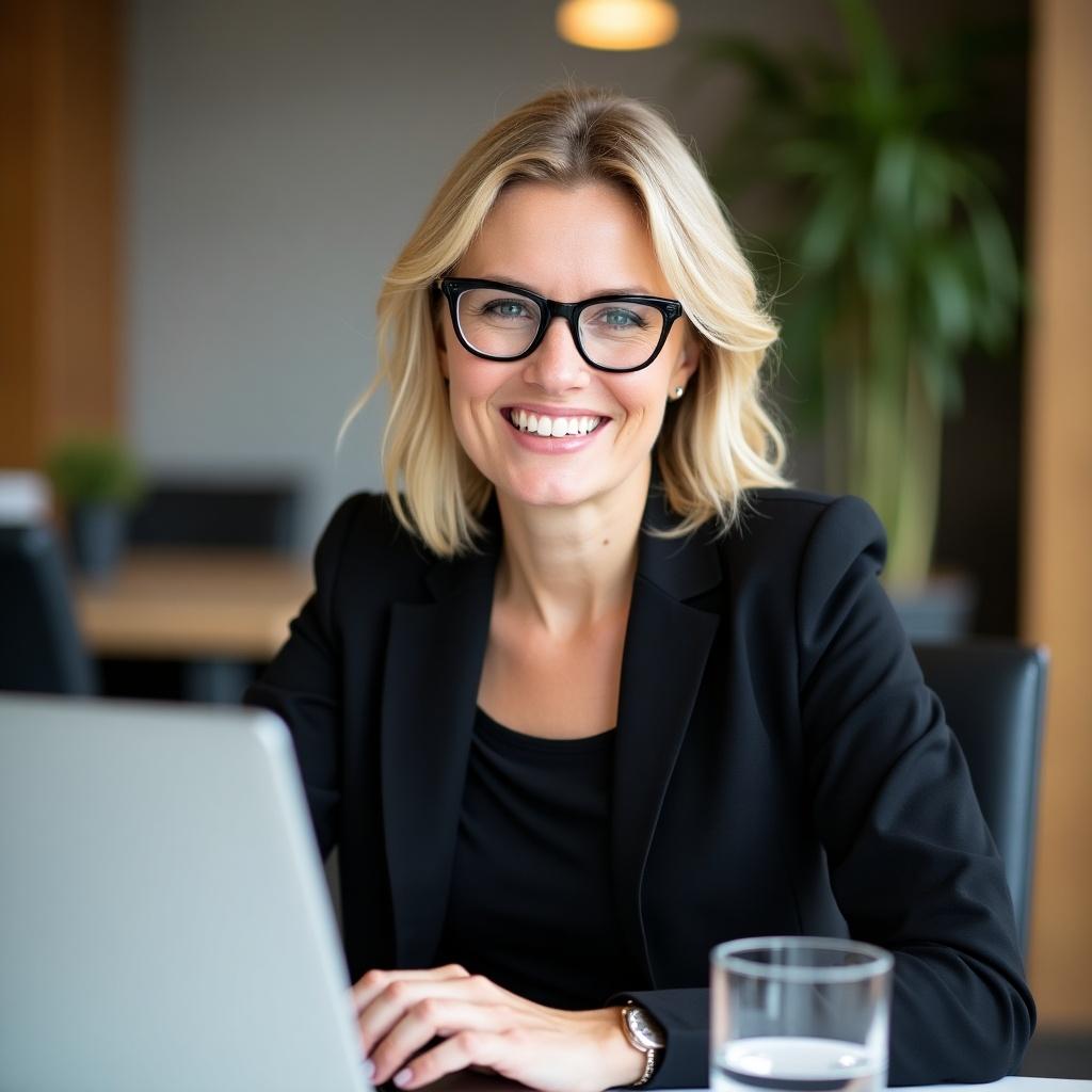 Professional woman seated at a desk in a modern office. She has shoulder-length blonde hair and is wearing black-framed glasses. Her outfit consists of a formal black blazer over a black top. She exhibits a warm smile and appears engaged while working on her laptop. A glass of water and office supplies are on the desk. Background features contemporary design with wood, concrete elements, and plants.