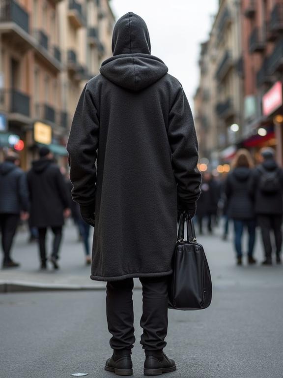 Individual dressed in black hoodie standing with a bag. Urban street setting with other people walking. Focus on the back view. Neutral lighting and muted colors.