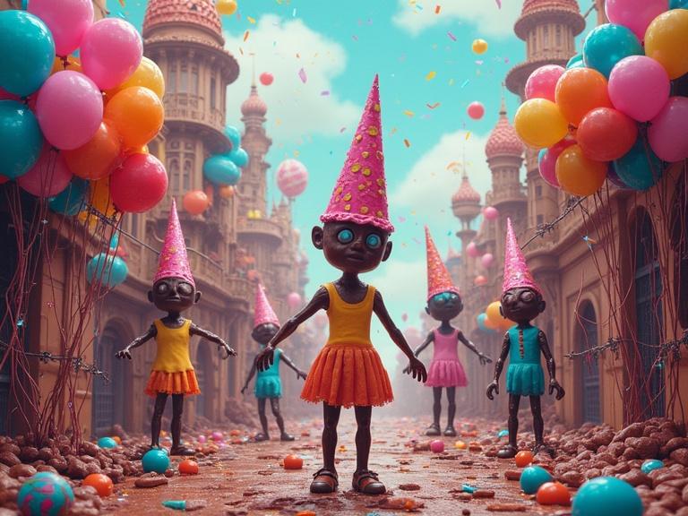 Digital illustration showcases a whimsical chocolate kingdom filled with playful figures celebrating. Party hats adorn headless figures while balloons are tangled in barbed wire. A chaotic scene with confetti falling and surreal elements like ladders leading nowhere. Colorful palette creates a vibrant yet muted atmosphere, embodying confusion and joy.