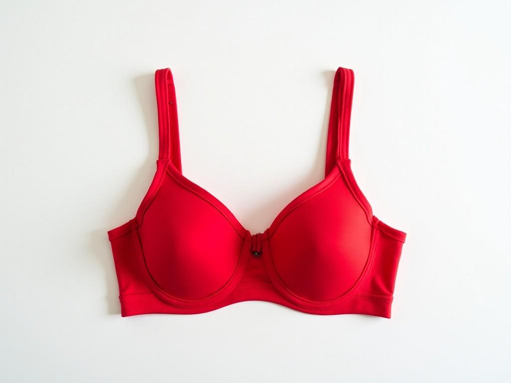 A vibrant red bra on a white background, showcasing its design and color contrast.