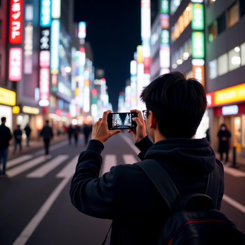 Videographer capturing action with mobile phone at night in Tokyo. Street filled with neon lights. Focus on person behind. Urban exploration.