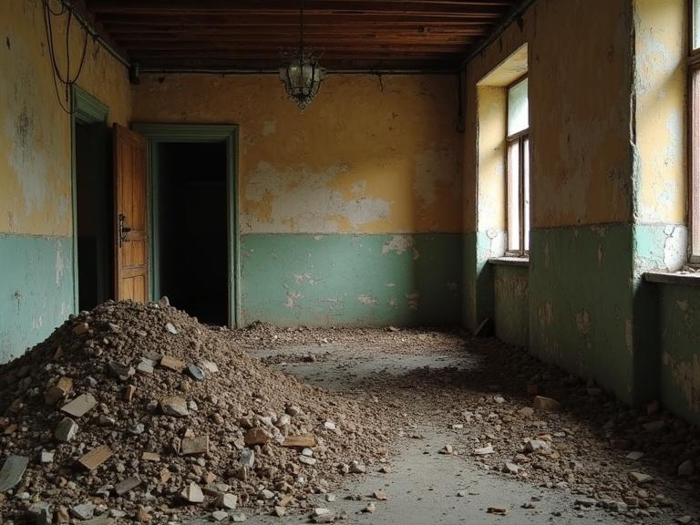 Interior of an abandoned house. Pile of debris in the center. Faded walls and old windows. Natural light illuminates the space.