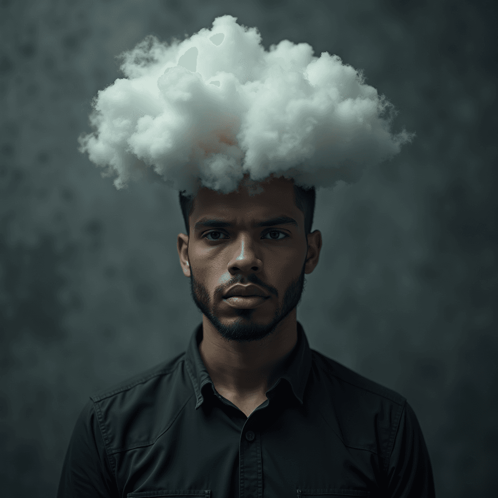 A man with a fluffy white cloud above his head, set against a grey background.