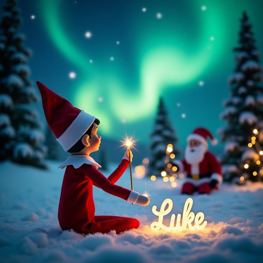 Elf on the Shelf gazes at northern lights while crafting the name Luke with a wand. Santa Claus smiles in the background. Snowy landscape with evergreen trees and festive lighting creates a magical Christmas scene.