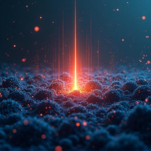 Conceptual illustration representing CFAR detection. Abstract sea of noise depicted as chaotic waves of static. Glowing spike emerging from the background symbolizes the target. Mood conveys challenge of identifying meaningful signals in overwhelming noise.