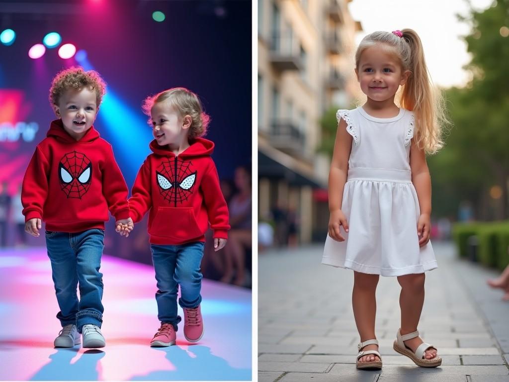 This image features a lively fashion show where two toddlers are modeling trendy outfits. They are walking hand in hand on a vibrant runway, showcasing their Spider-Man themed attire. One child wears a red hoodie with Spider-Man graphics, while the other dons a complementary red hoodie with a spider logo. Behind them, bright, colorful lights enhance the festive atmosphere of the runway. In a separate scene, a young girl in a white outfit stands outdoors, exuding a cheerful vibe. Both visuals capture the essence of children's fashion, appealing to a youthful audience and encouraging fun, stylish choices.