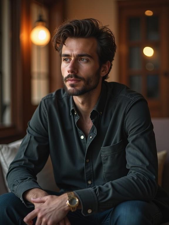 Cool handsome man positioned in an indoor environment. Seated comfortably looking thoughtful in front of a camera. Warm ambient lighting highlights facial features.