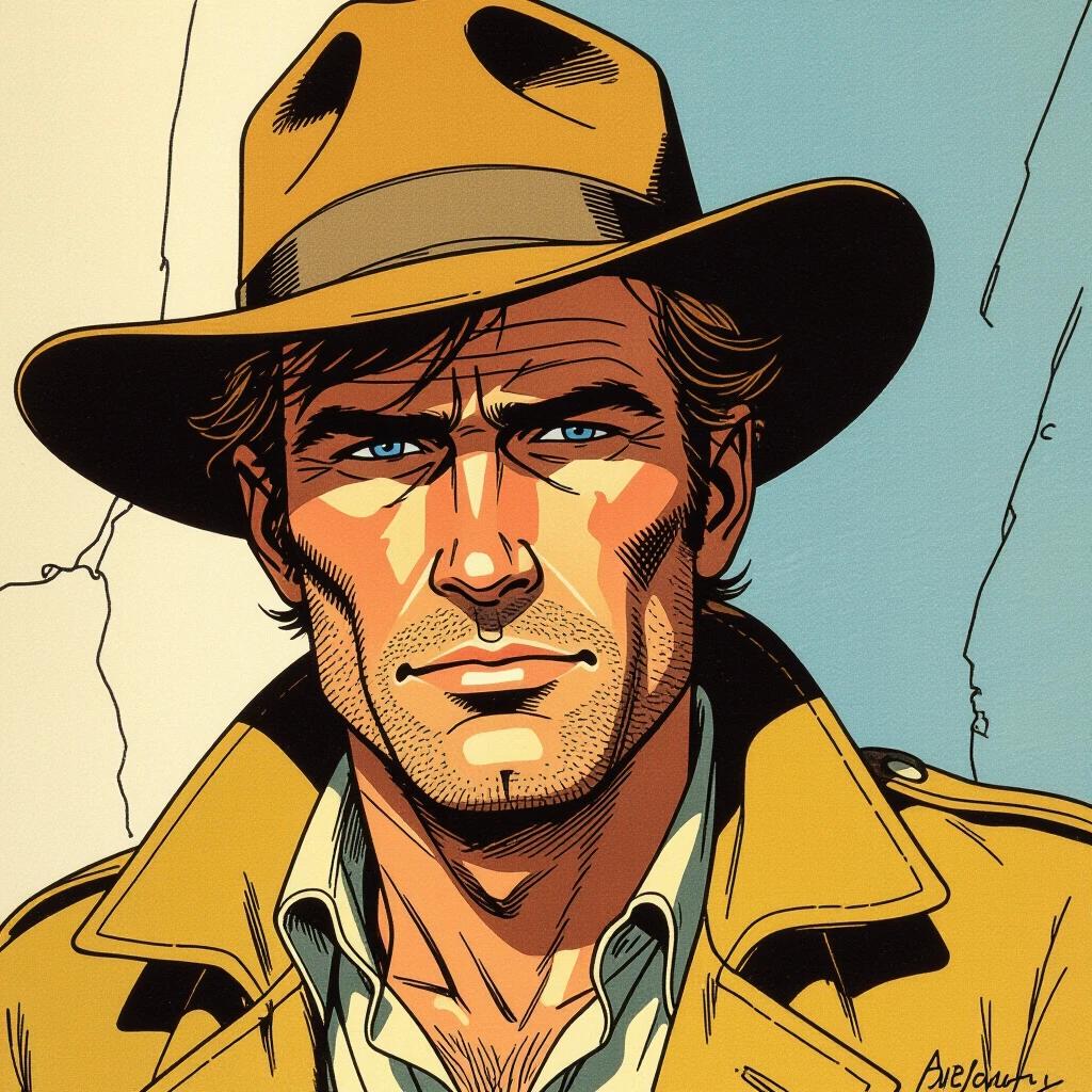 Illustration of a heroic character wearing a brown hat and yellow coat. Styled in the comic book manner of Jean Giraud. Close-up of the character. Background features muted colors with a light blue tone. Expression is confident and adventurous.