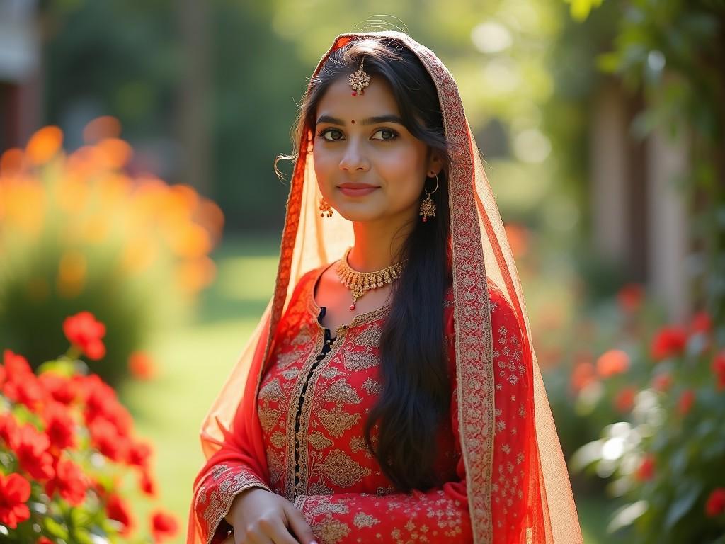 A woman in traditional South Asian attire, wearing a red and gold embroidered dress and jewelry, standing in a garden with flowers in the background, looking at the camera with a serene expression.