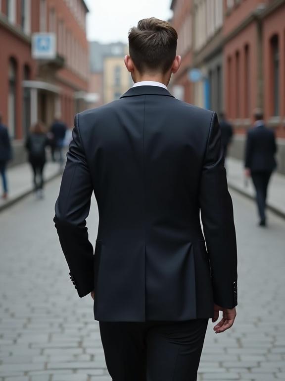 A young man in a formal suit is walking in an urban setting. He is seen from behind with a straight posture. The street has a cobblestone texture and surrounding buildings have red and neutral colors.