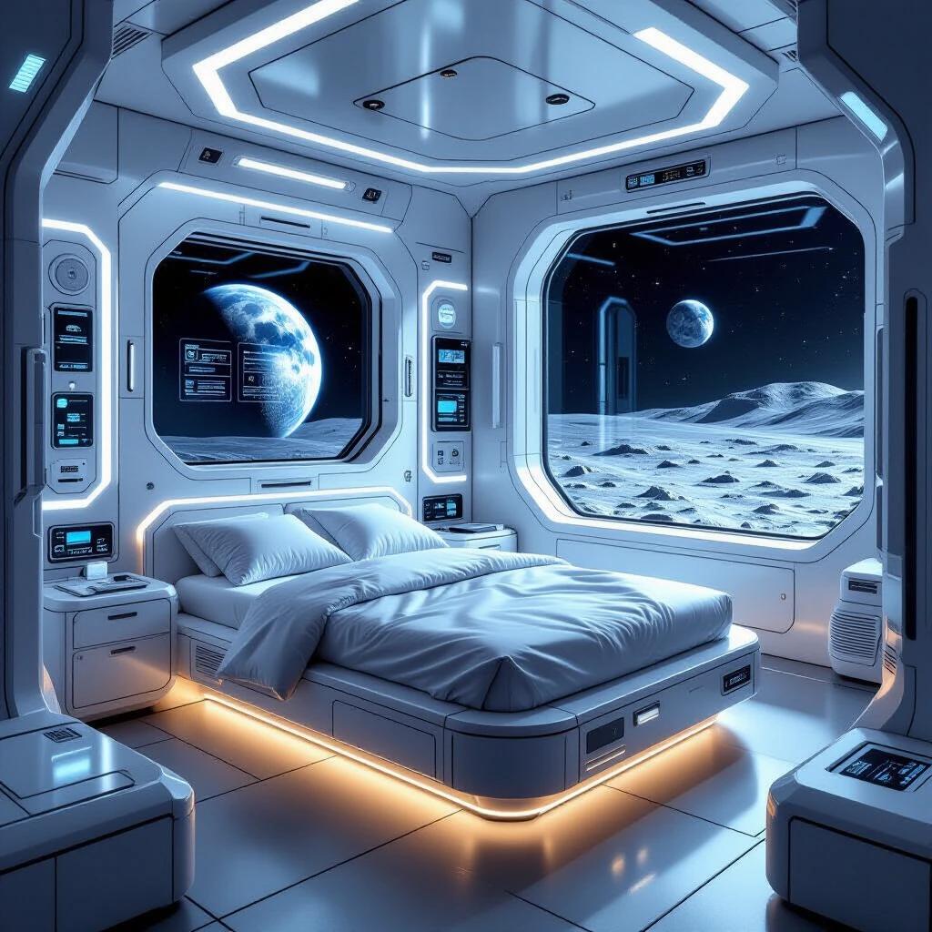 Isometric view of futuristic living quarters in lunar research base. Room features compact ergonomic design with smooth surfaces. Soft ambient lighting in cool tones. Illuminated floor panels. Floating bed with magnetic restraints. Transparent smart window shows Moon's surface and Earth. Holographic personal assistant display. Wall-mounted touch control panels. Integrated life support systems with visible ducts. Equipment compartments, sealed suit locker, and digital readouts visible. Large panoramic windows reveal lunar landscape under starry sky. Highly detailed clean sci-fi aesthetic.
