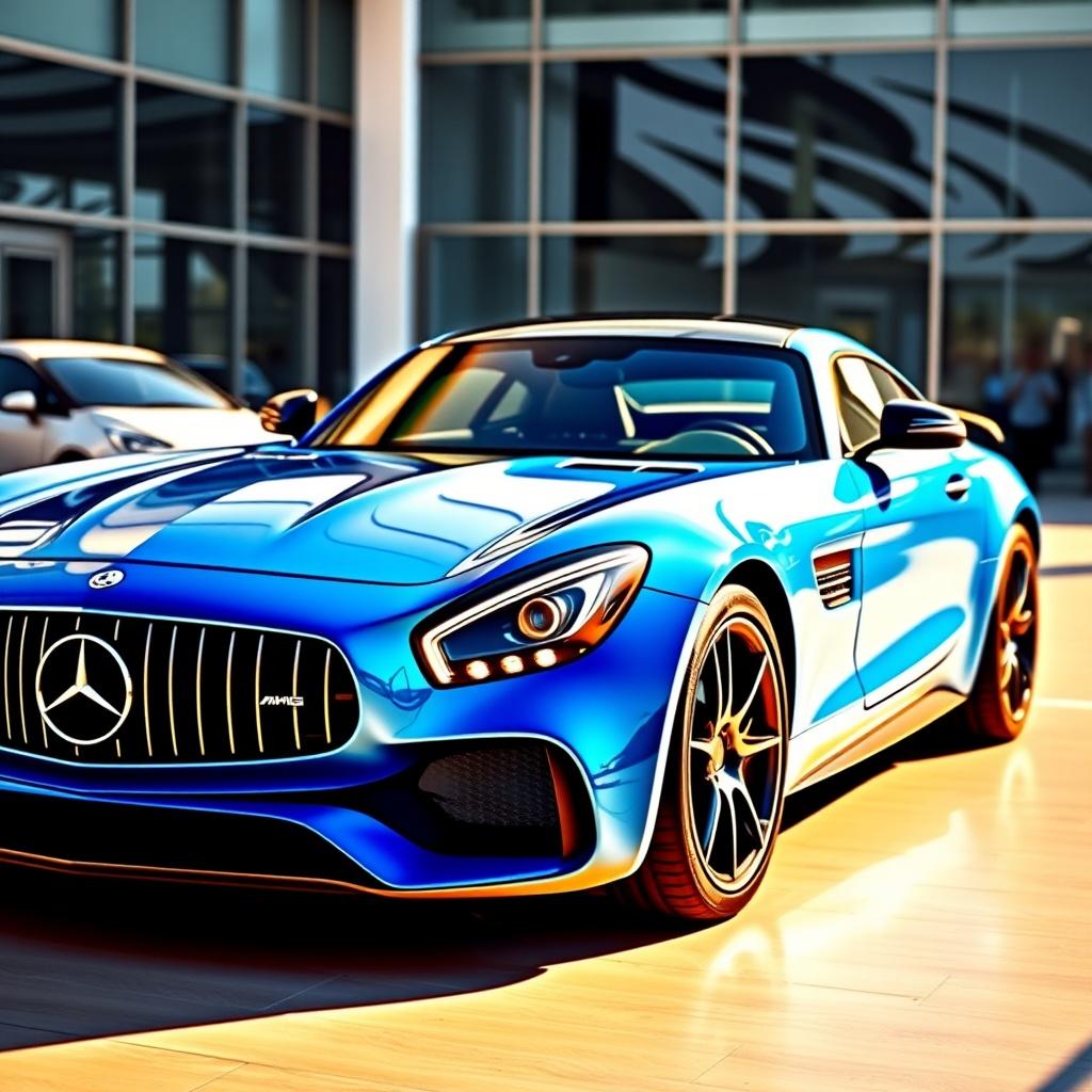 A vibrant blue Mercedes-Benz sports car parked in front of a modern building.