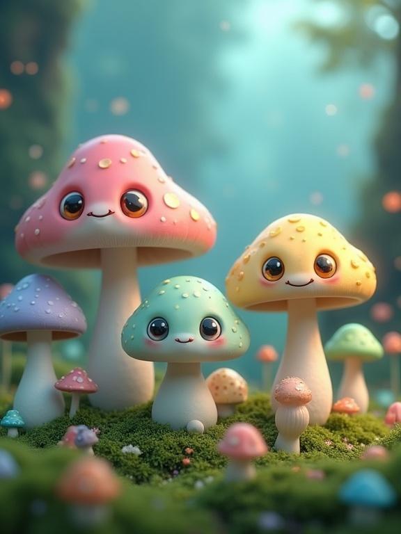 Gathering of whimsical mushroom-like creatures in a bioluminescent landscape. Colorful and expressive mushrooms with large eyes. Surreal, dreamy environment with soft light and vibrant colors. Magical forest under a gentle glow.