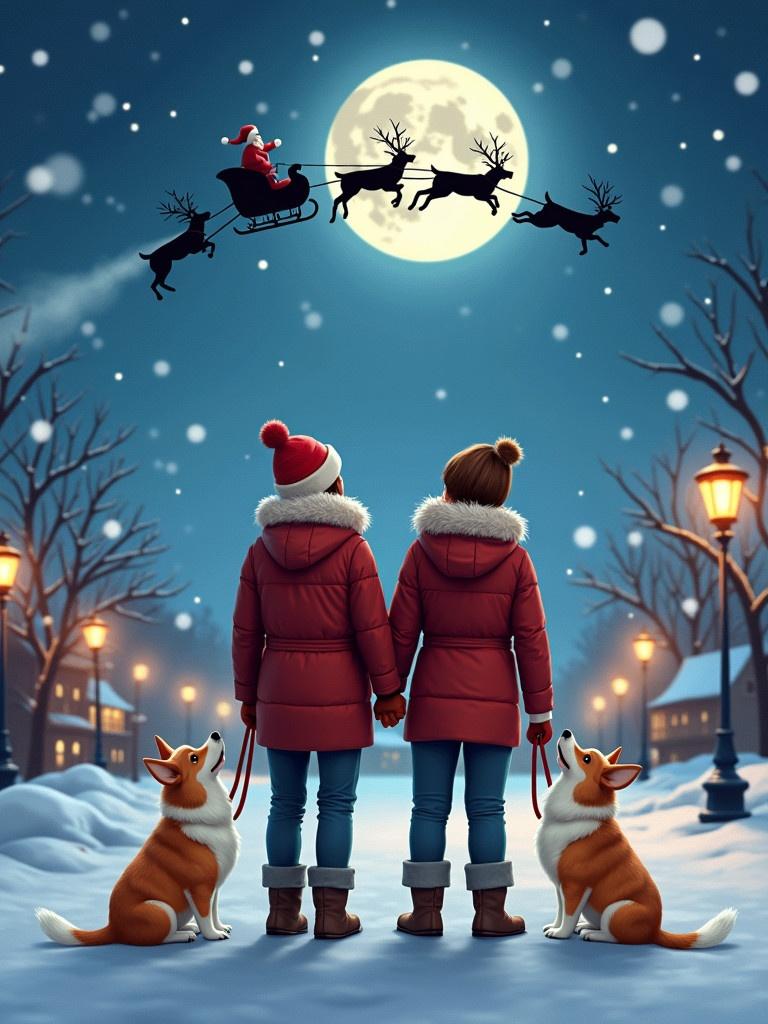 A romantic winter scene depicts a couple holding hands. They are each walking a corgi. They are looking up at Santa's sleigh against a bright full moon. Snow gently falls creating a festive atmosphere. The setting is a snowy landscape with illuminated street lamps in a charming village.