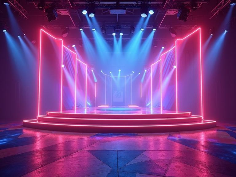 Orthographic view of nightclub stage. Vibrant neon and LED lighting. Illuminated stage platform with dynamic light effects. Colorful geometric shapes are present. Reflective surfaces enhance the atmosphere. Immersive party ambiance created. Dance floor is visible in front of the stage. No people or logos. No text included.
