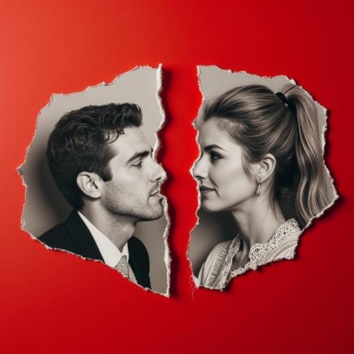 Red wall with a torn photograph in black and white showing a couple. One side depicts a loving embrace while the other shows a cold courtroom setting. The phrase 'Zeugin der Anklage' is written boldly across the tear.