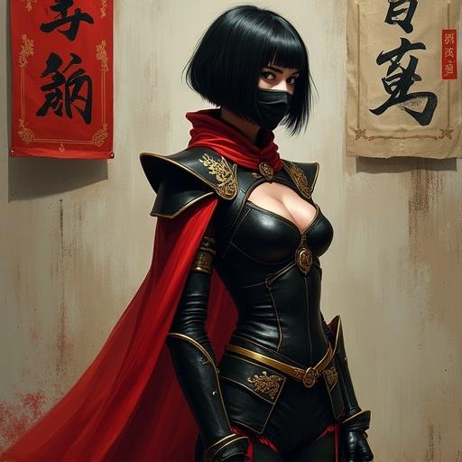 Female assassin or rogue warrior depicted wearing sleek black fitted armor with gold trim and red accents. Short black bob haircut with a black mask over lower face. Standing against a textured wall with hanging banners. Long flowing red cape attached to one shoulder. Created in a painterly style with atmospheric lighting.