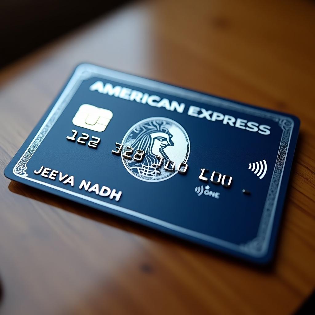 American Express credit card placed on a wooden table. The card features a blue design with a logo and numbers. The name JEEVA NADH is engraved on the card.