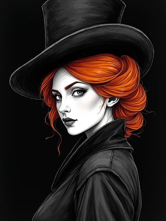 Monochrome ink illustration of a Renaissance ginger queen with an elegant hat. She has flared nostrils and a soft gaze. The portrait shows her in a quarter-turn, staring sideways with a sly expression. Deep shadows emphasize contours and texture. Bold hand-drawn lines and scratched ink details against a black background create isolation. Gothic style with soft dramatic lighting highlighting her radiant skin, blending hyper-realistic details with dreamlike surrealism.