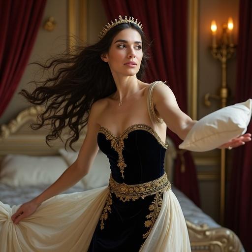 Medieval fantasy queen posing in a luxurious royal bedroom. Queen demonstrates legendary beauty with porcelain smooth skin and flowing dark hair. Wearing a dark velvet fitted bodice adorned with gold embroidery. Throws a soft white pillow dramatically towards the viewer. Light accentuates her elegance and strength.