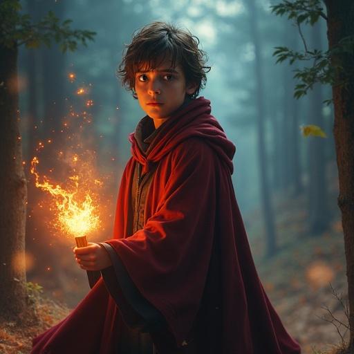 A movie poster featuring a young sorcerer in a mystical forest. The boy wears a red cloak and holds a glowing orb. The background shows foggy trees and a magical atmosphere.