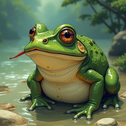 A whimsical frog character with exaggerated features resembling anime art style. Large eyes, a distinct mouth sac, and a vibrant green color dominate the scene. The setting is a natural environment with soft lighting and lush backgrounds.