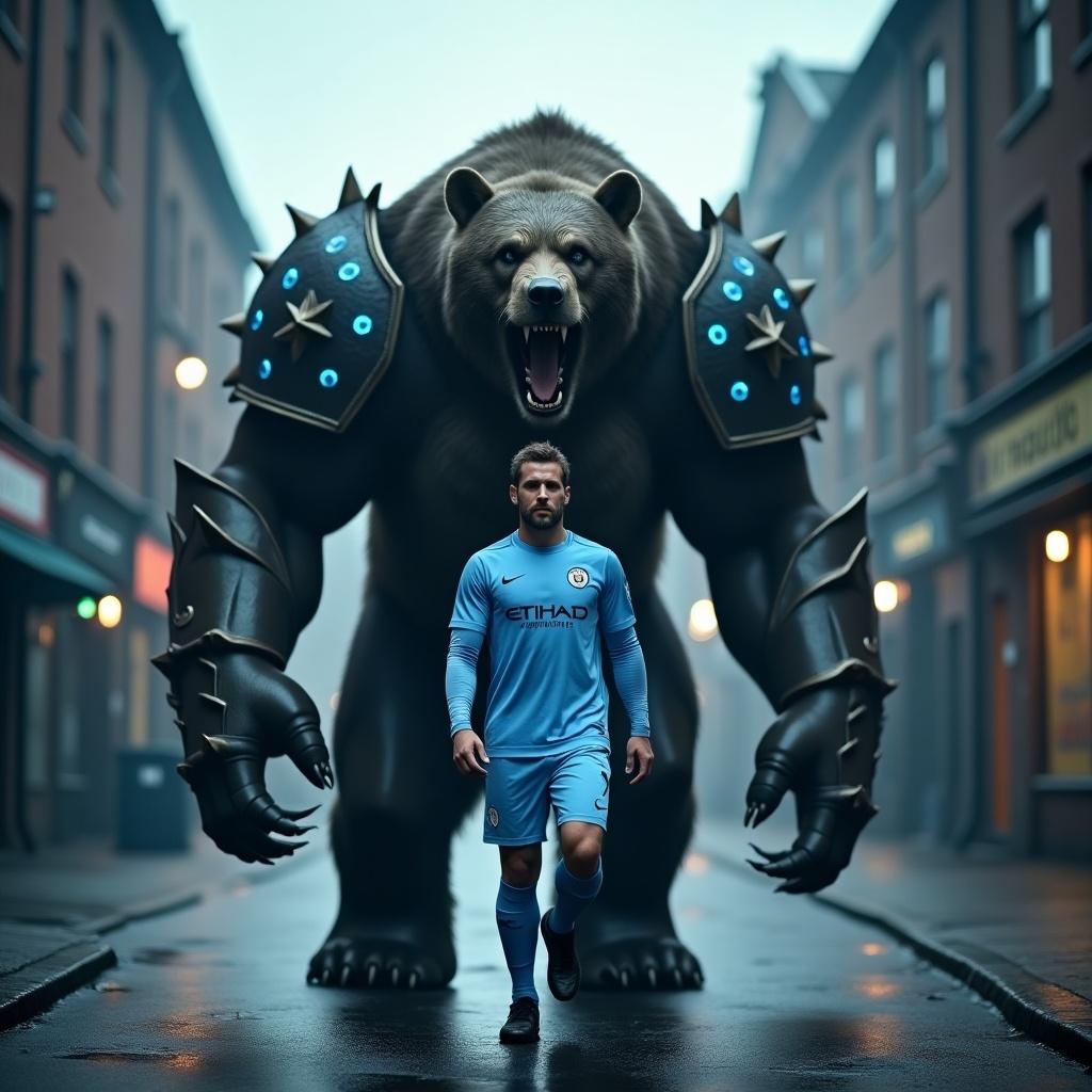 Photo-realistic image of a footballer in sky blue kit walking down rain-slicked street. Giant armored bear behind him with glowing runes. Stormy skies, gritty atmosphere, dramatic lighting.