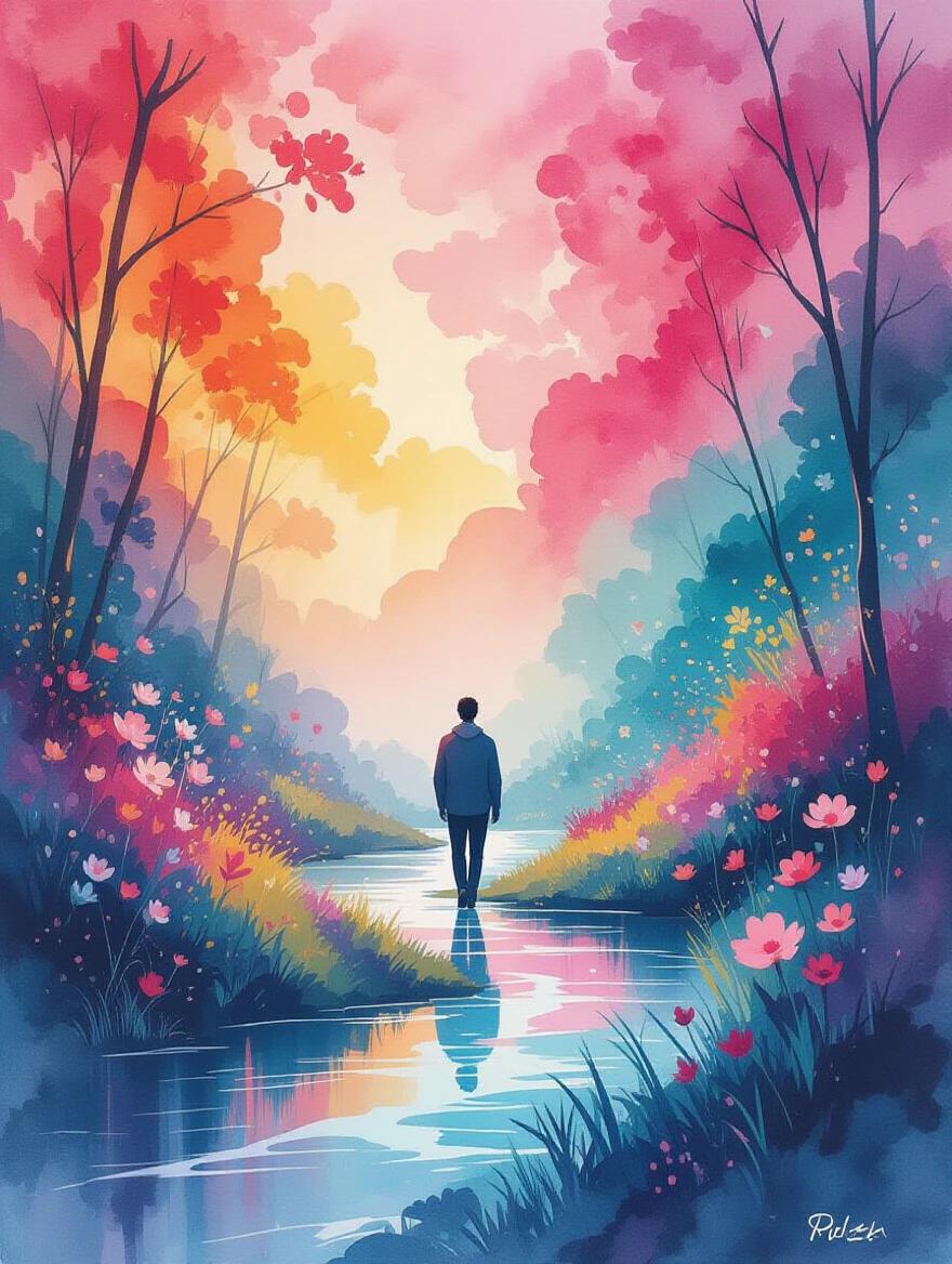 Minimalist watercolor painting depicts a lone male figure exploring a surreal natural landscape. Scene shows flowing brushstrokes forming lush foliage and blooming flowers. Surreal colors blend into red, orange, purple and teal. Focus on textured brushstrokes emphasizing harmony between figure and nature. Male figure glides through serene environment surrounded by vibrant color bursts. High-contrast lighting and soft vivid palette highlight artistic essence.