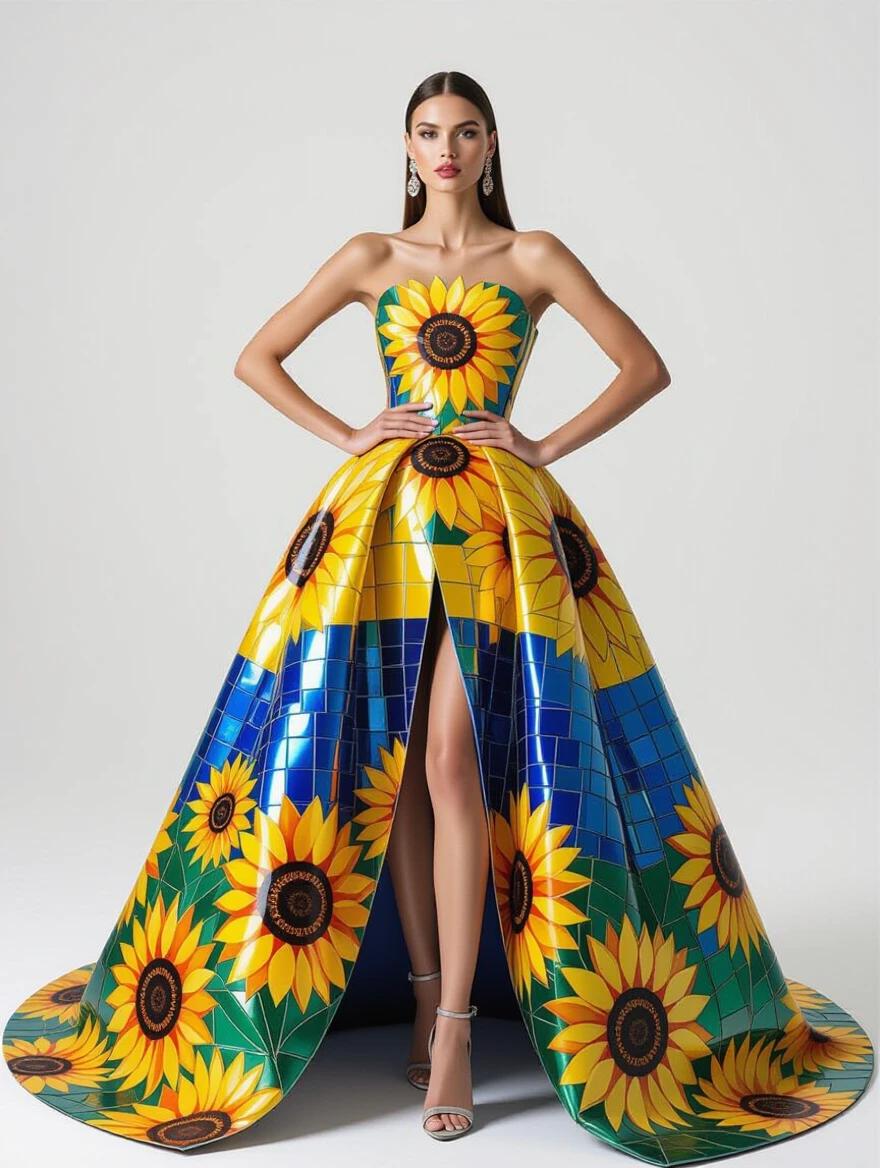 Model wears a colorful gown made of sunflowers with a split skirt. The gown has a ceramic tile design and the model's body is painted in the Ukrainian flag. The pose is dramatic and artistic. Ethereal abstract elements are present in the design.