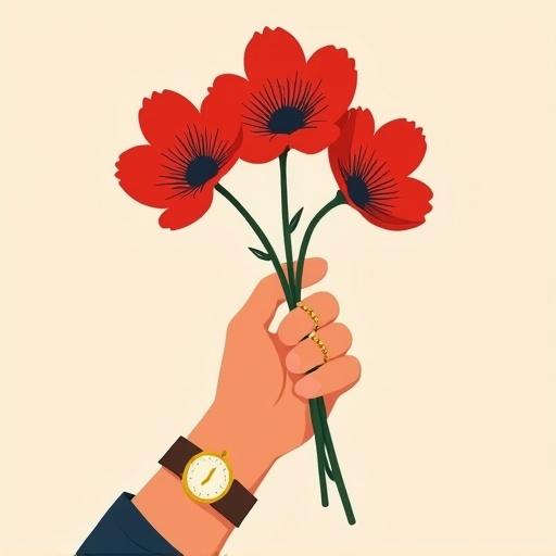 Minimalist vector cartoon-style image. Man's hand holding three vibrant red flowers. Hand has simple gold ring and gold watch. Clean style perfect for embroidery. Flowers are bold red. Image uses bright colors with flat tones and no intricate details.