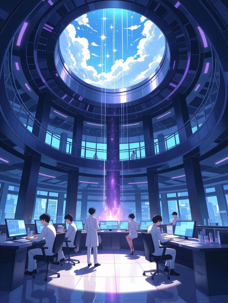 Anime illustration set in the year 2204 depicts a neo futuristic cloning laboratory in an oversized building in Rio de Janeiro. Scientists dressed in modern outfits work at computers while a bright light from above represents a black hole. The scene is vibrant with a focus on technology and innovation.