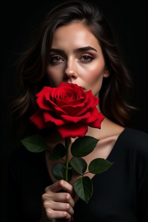 A portrait of an adult woman with glamorous red lips holding a big red rose. The background is black, and the woman tilts her head slightly, gazing at the viewer. Her wavy hair falls to her shoulders.